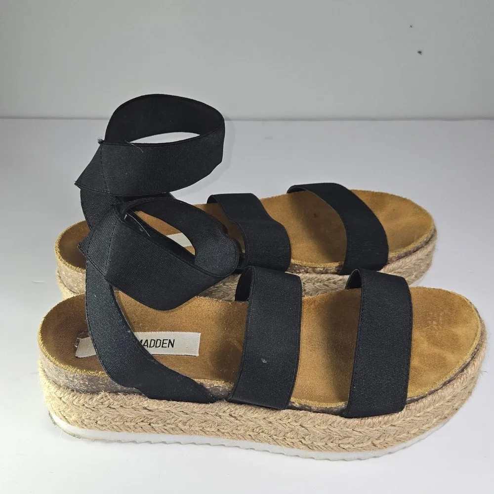 Steve Madden Black Elastic Strap Platform Espadrille Sandals Women Size‎ 8